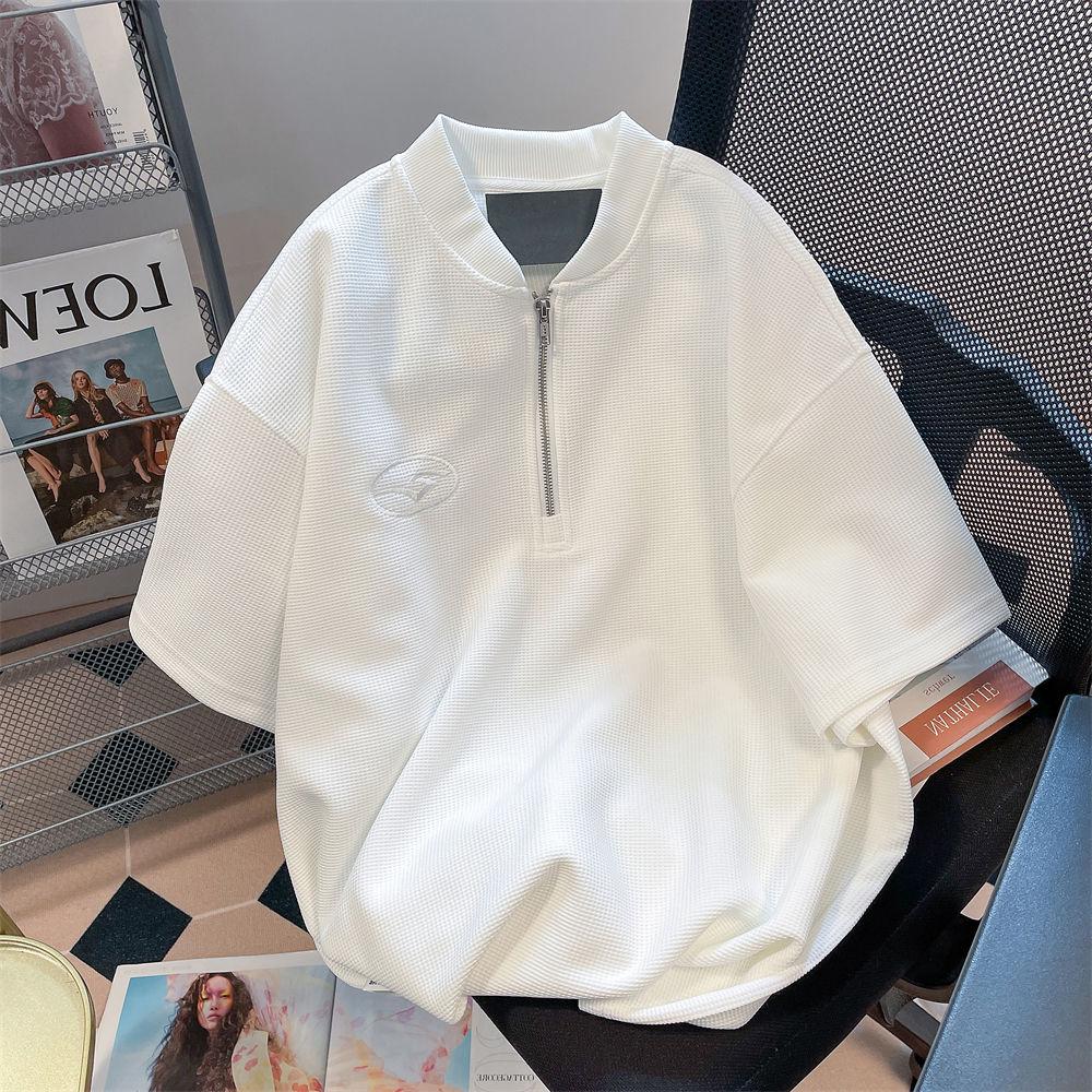 

Американская повседневная футболка с бейсбольным воротником с короткими рукавами для мужчин и женщин модный бренд большого размера дизайн смысл половина молнии пара топов