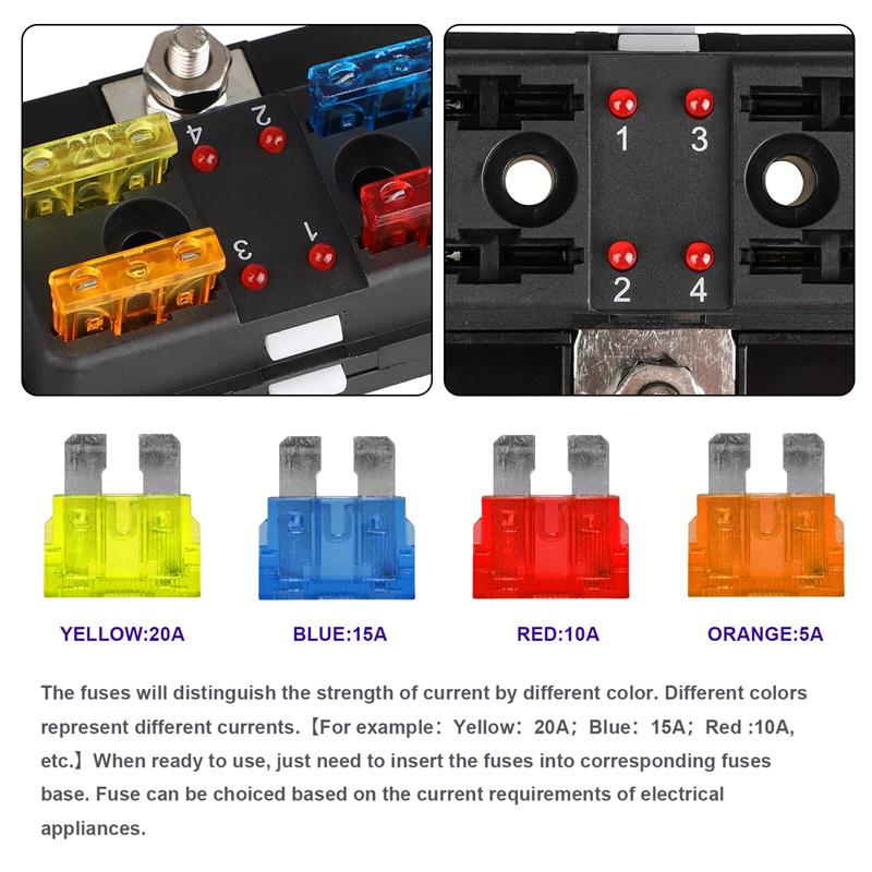 4 Ways Blade Fuse Block Plastic Cover 12V 32V Fuses Box Holder With Led Indicator Light For Auto Car Marine