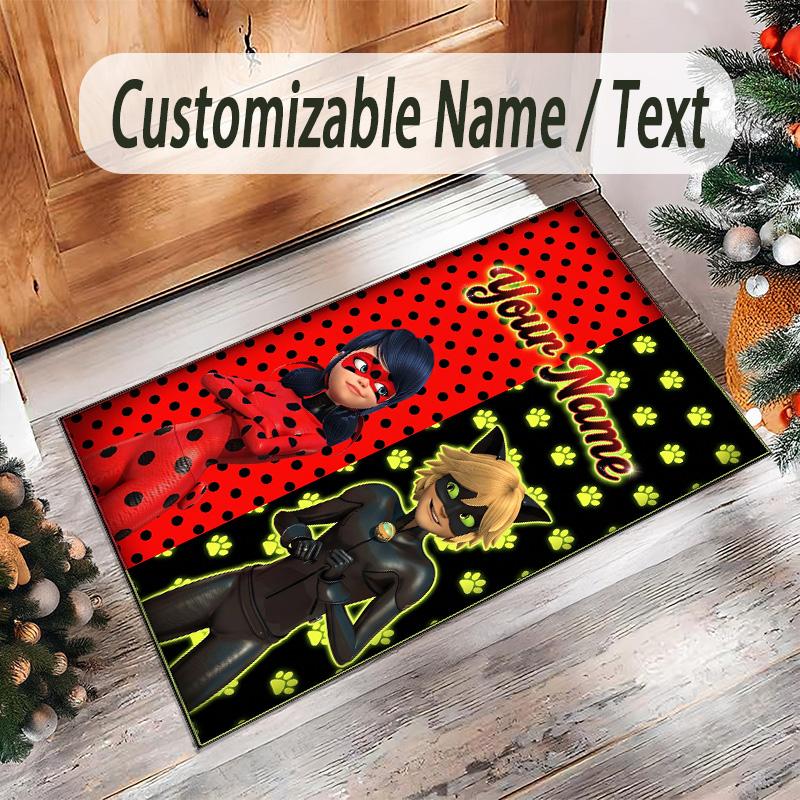 Personalized Crystal Velvet Carpet Custom Name Text,Miraculous Ladybug Anti Slip Area Rug For Home Decoration