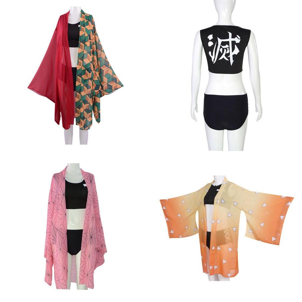 Ensemble Bikini Maillot de Bain Élégant Demon Slayer Kimetsu No Yaiba Avec Cape Accrocheuse Pour Cosplay