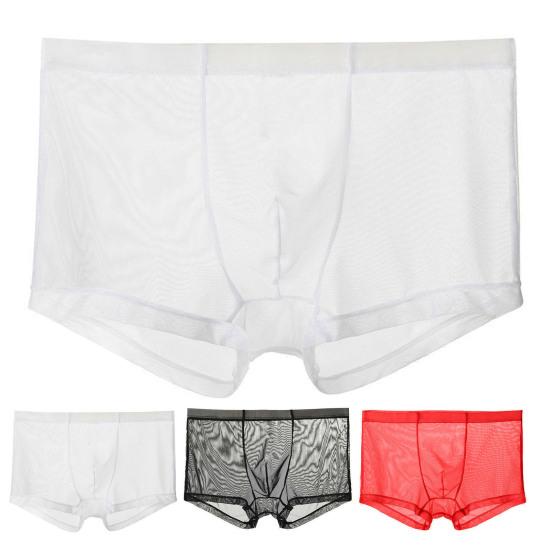Sexy Mesh-Boxershorts, nahtlos, 3D-konvexe Folie, niedrige Taille, atmungsaktiv, durchsichtige Shorts, Höschen
