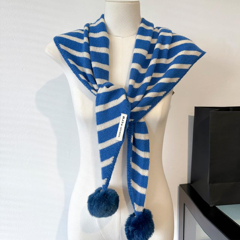 

Wool Triangle Scarf Fashion Versatile Knitted Solid Color Stripes Soft Ball Shawl Scarf For Women Winter Warm Scarves One Size