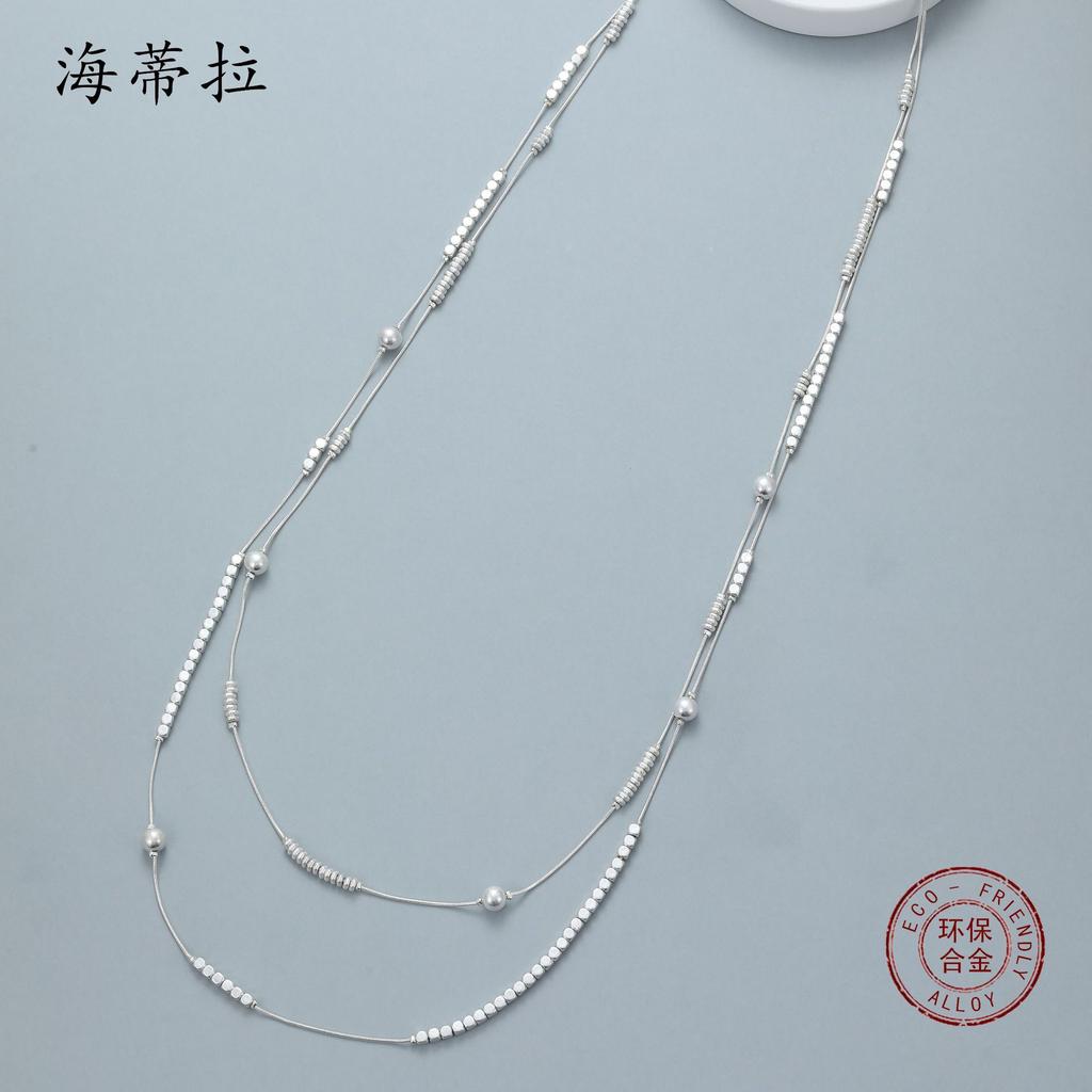 Fashion Small Sugar Cube Beaded Double-layer Stacked Chain, Simple and High-end Women's Versatile Alloy Sweater Chain