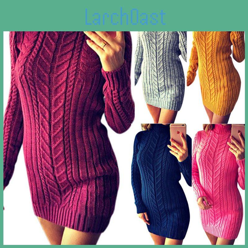 Sexy Herbst- und Winter-Strickkleid Schmal geschnitten und hoher Kragen Zopfmuster-Design