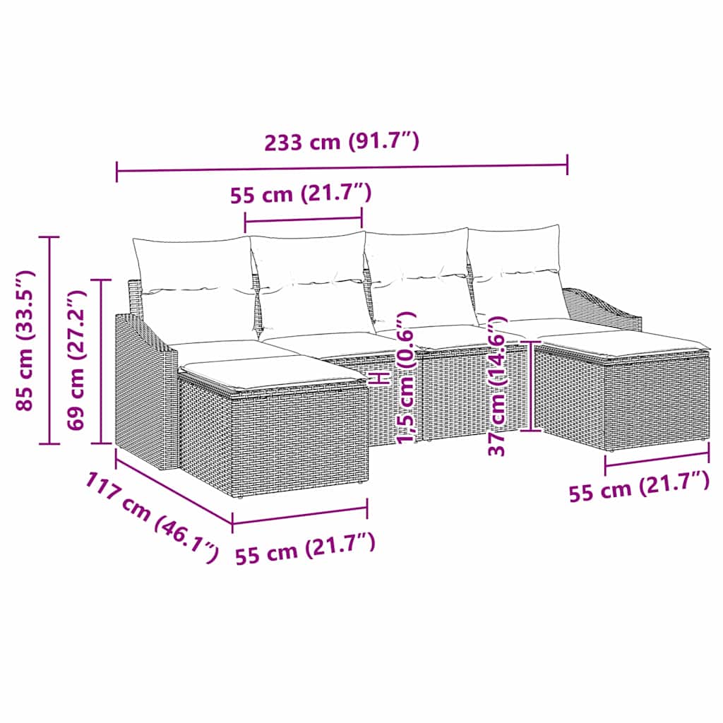6 Piece Brown Poly Rattan Sofa Set with Cushions