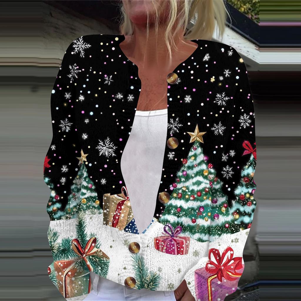 Women's Fashion Printed Long Sleeve Knitted Cardigan Button Down Jacket