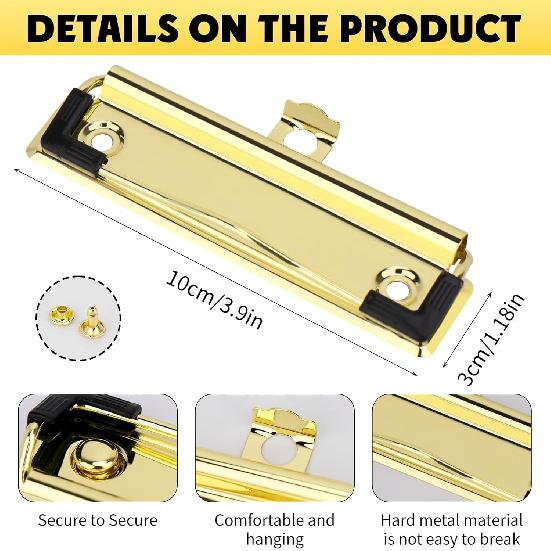 Meetory Mountable Clipboard Clips,Spring Loaded Surface Mount Handle with Rubber Grip and Hanging Hole (10 Pack Gold)