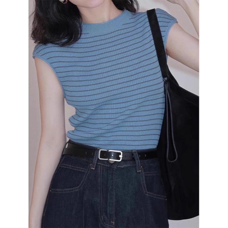 Summer Women s Striped Knit Sleeveless Crew Neck Slim Fit Top S синий