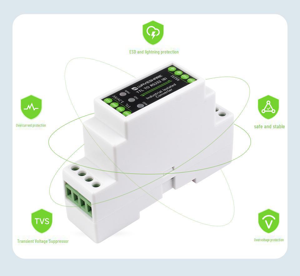 Rail-Mount TTL to RS232 Module with Electrical Isolation and Multi-Level Surge Protection