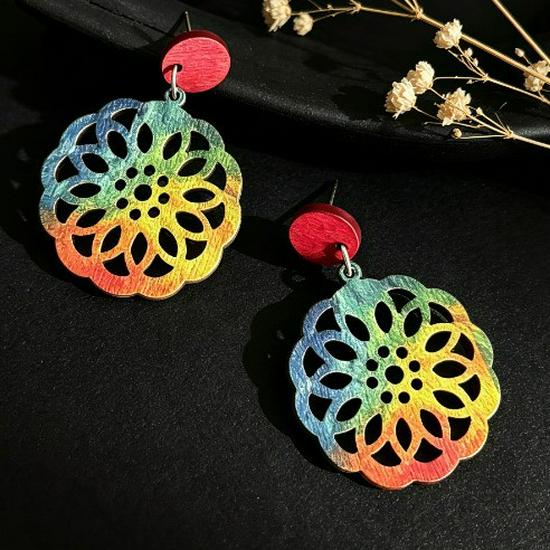Colorful Hollow Wood Stud Earrings: European & American Fashion, Versatile & Trendy