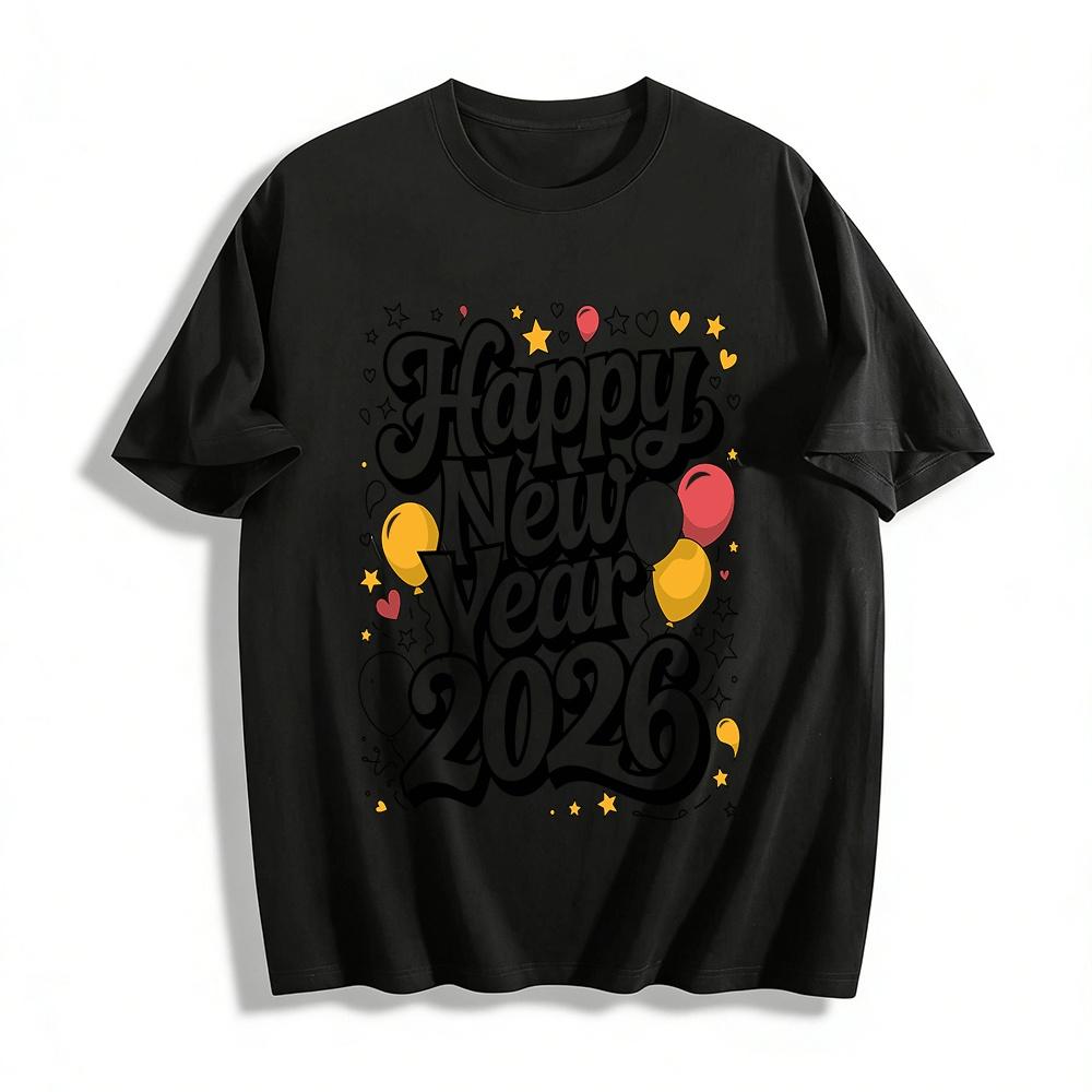 Happy New Year 2026 Printed Casual Top For Men Women Party Wear Pure cotton T-shirt XXS