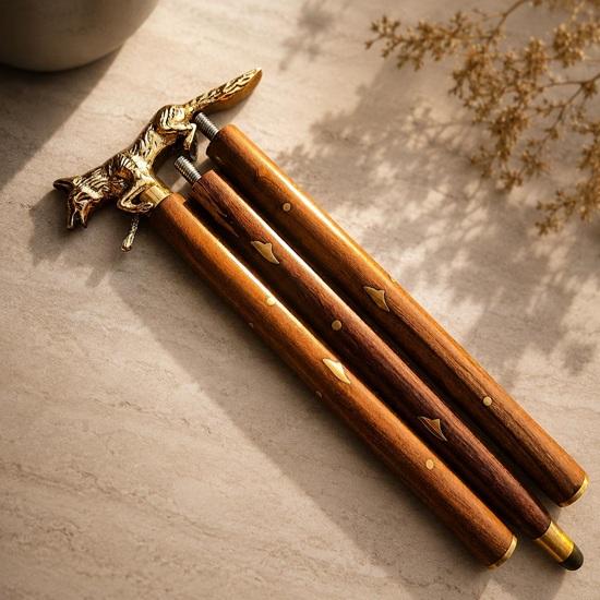 Wolf Handle Walking Cane Handmade Wooden Hiking Staff Brass Handle Gift Idea 93.98 cm