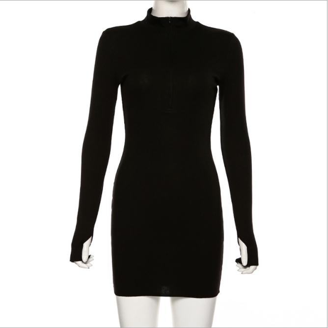 

Осень-зима стрейч тонкий мягкий ребристый трикотажное платье с высоким воротником женская мода однотонное черное повседневное облегающее платье на молнии S чёрный