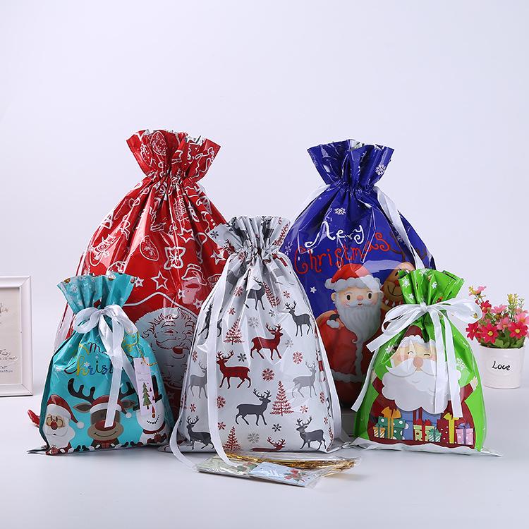 New Christmas Gift Packaging Bag Santa Claus Snowman Printed Drawstring Gift Bag Aluminum Foil Christmas Decoration Products