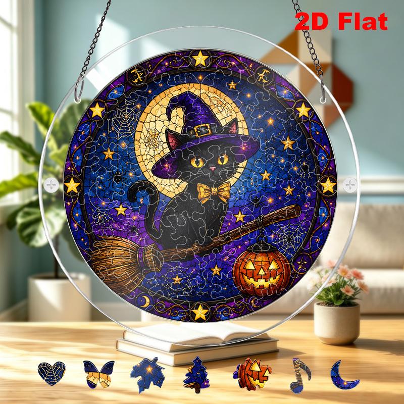 2D Flat, 2D Flat Acrylic Puzzle Suncatcher, Stained Glass Witch Black Cat Broom Pumpkin Halloween Art. Window, Wall, Porch Hanging Decor, Holiday Gift