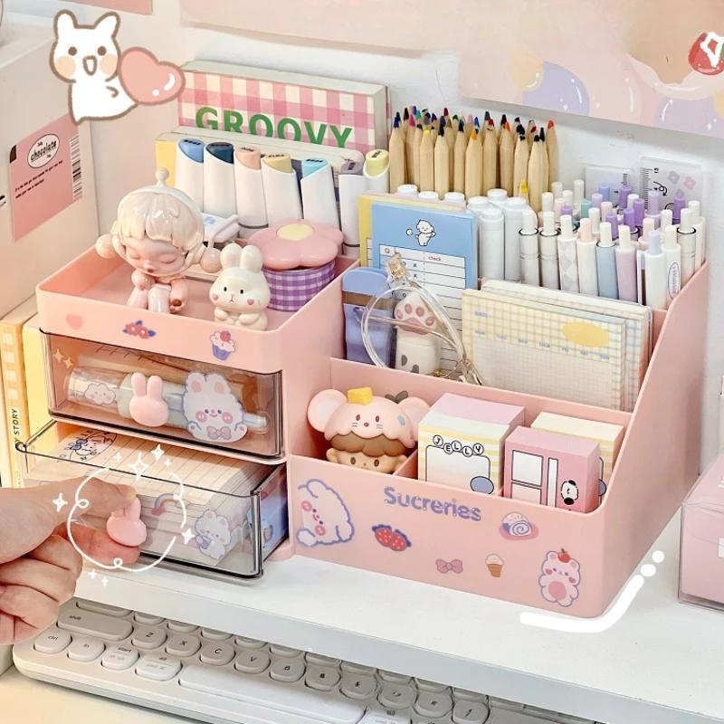 Desktop Cosmetic Storage Box Organizer Drawer Office Storage Rack Stationery Organizer Pen Holder Bunny Drawer Organizer Cute