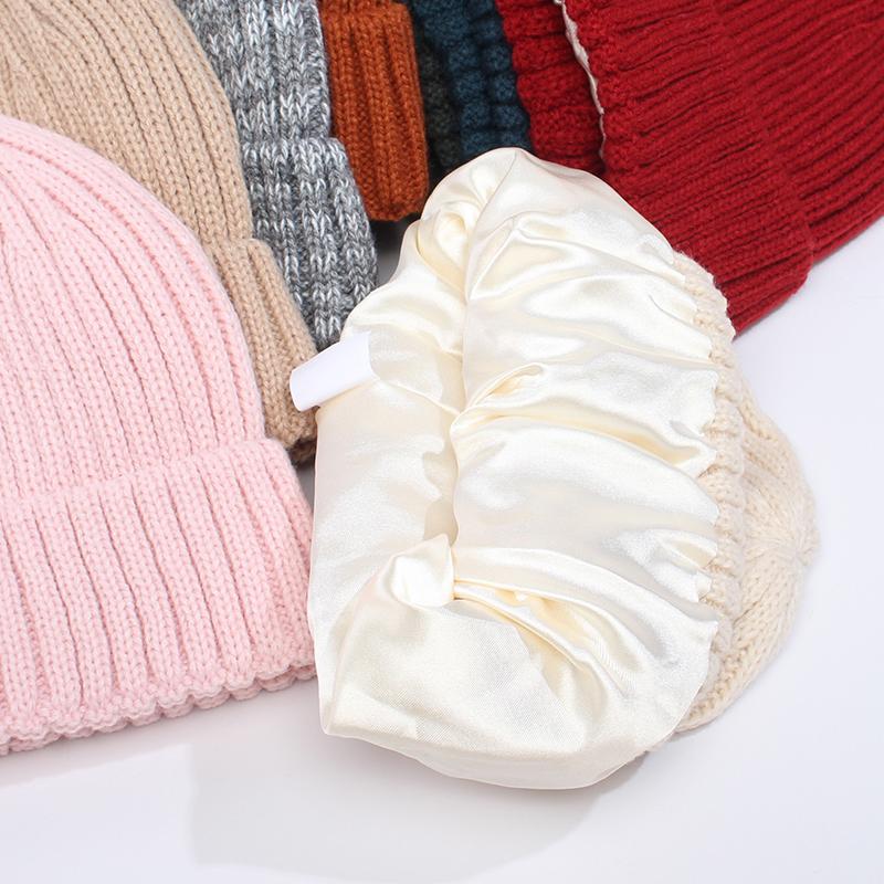 Winter Silk Satin Lined Beanie Hats Women Men Unisex Thick Chunky Cap Striped Warm Soft High Quality Cashmere Knitted Beanie Hat