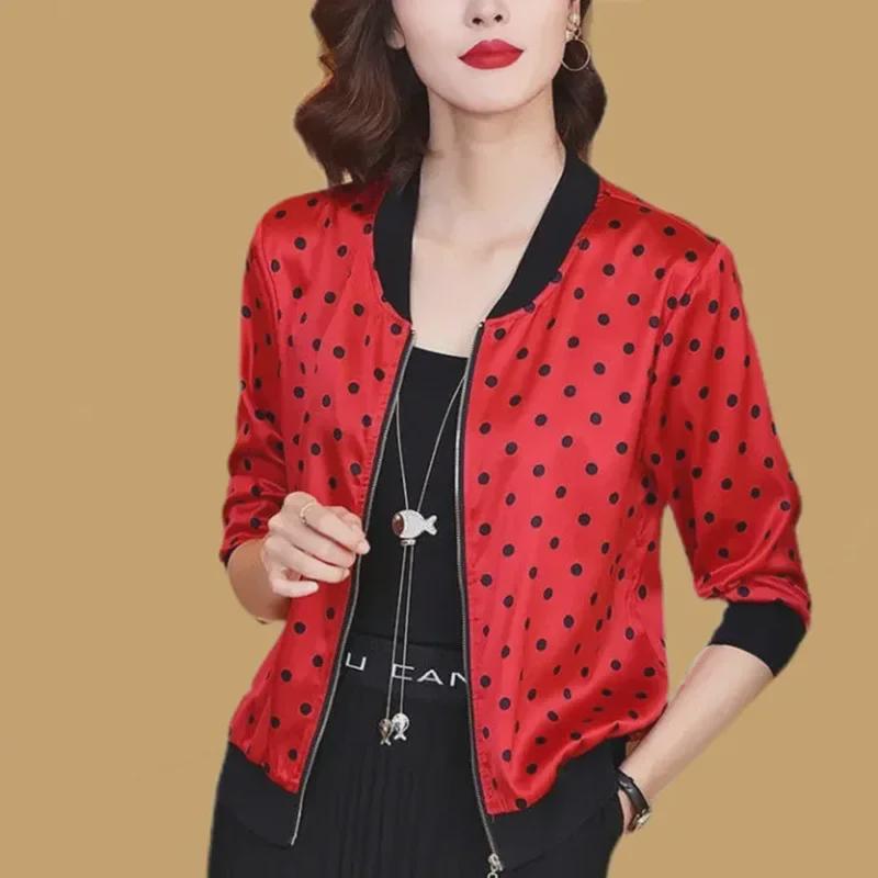 Giacca in Chiffon Lavorato a Maglia con Pois Rossi - Manica Lunga da Donna, Leggera, Protezione Solare per Primavera e Autunno