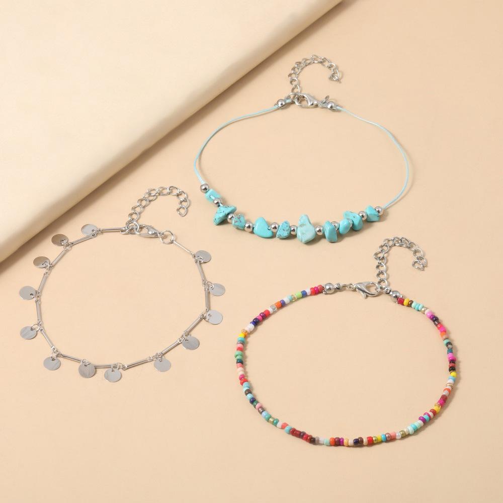 Accessories Bohemian Colored Rice Bead Anklet, Creative Metal Disc Pendant Anklet