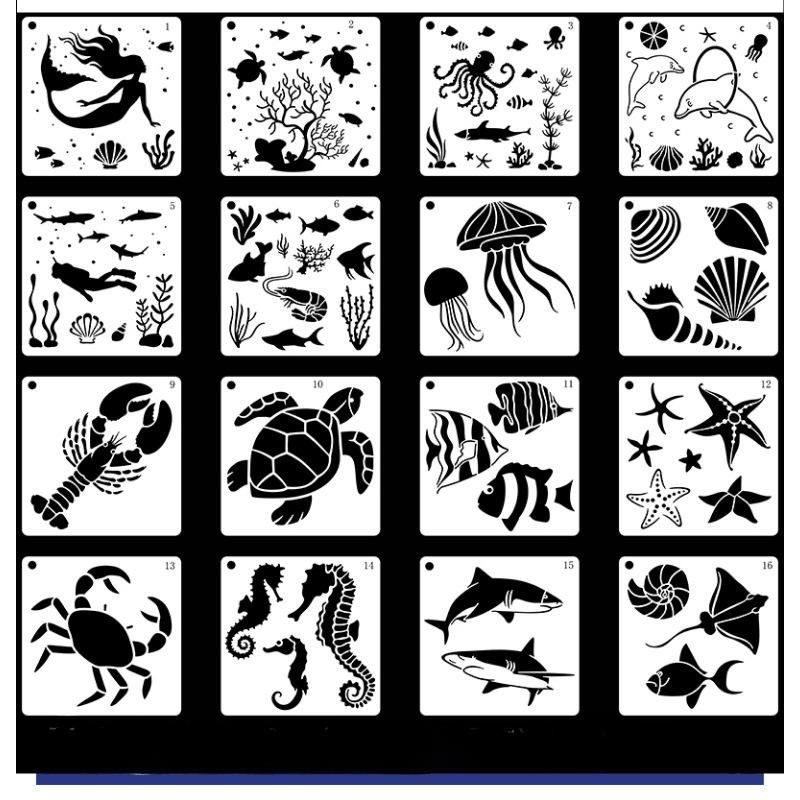 16 Sheets/set, Marine Creatures, Painting Templates, DIY Hand Drawn, Graffiti, Childlike Fun, Painting Tools, Plastic, Hollow Templates