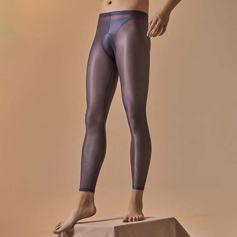 Leggings Trasparenti da Uomo Collant Sexy Setosi Elasticizzati Calze Lucide Trasparenti Slim Ultra-Sottili Anti-Gancio Pantaloni con Tasca a U Convessa