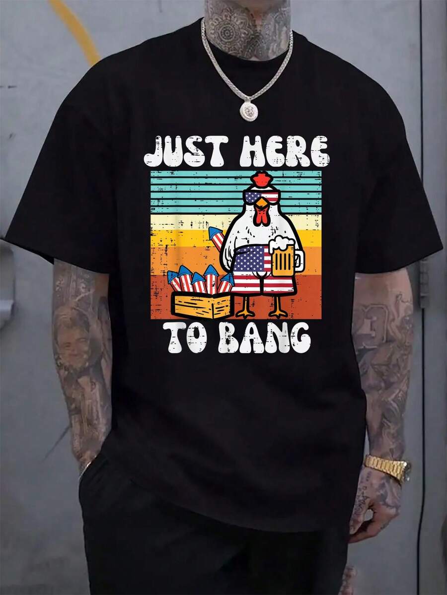 100% Cotton 4th Of July Chicken Fireworks Here To Bang Retro America Men T-Shirt Women s Men s S разноцветный