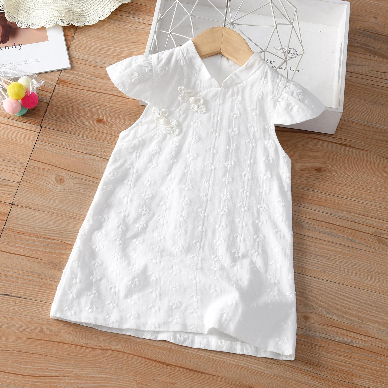 Girls Summer Sleeveless Embroidered Cheongsam Dress White Kids Traditional Hanfu Qipao Party Dress For Children 90cm