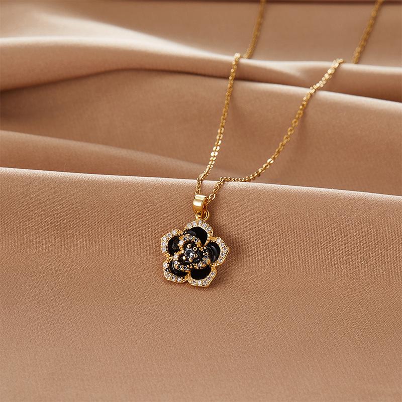 Full Diamond Camellia Necklace Women'S Light Luxury Design Simple Micro-Inlaid Pendant Jewelry
