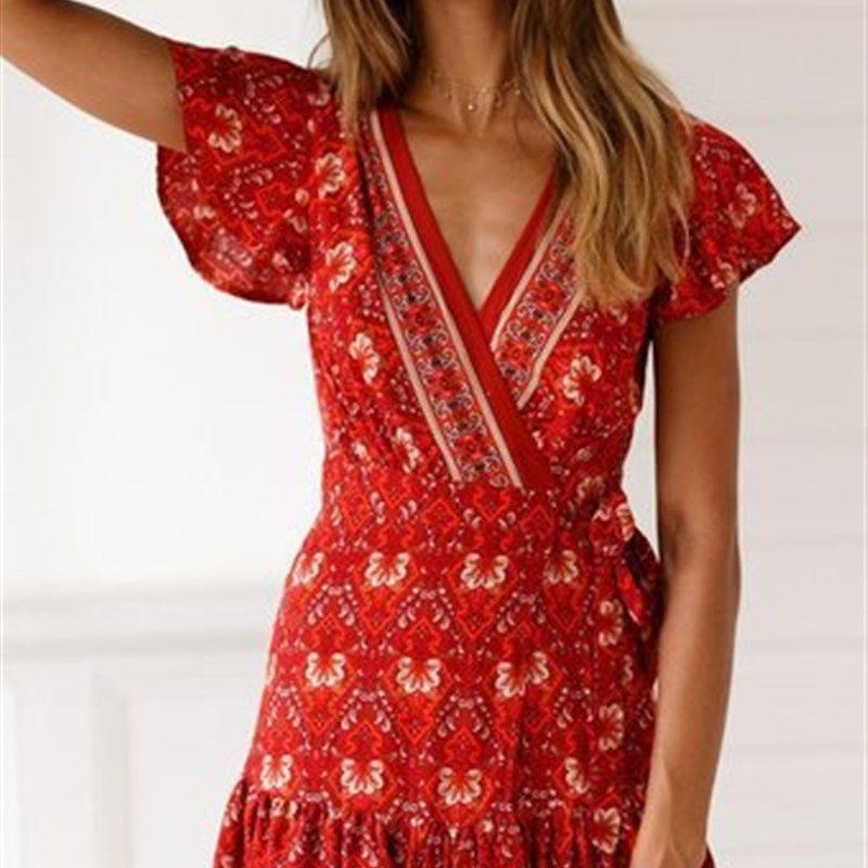 

Summer V-Neck Sexy Bohemian Dress Short Skirt Womens Burgundy S