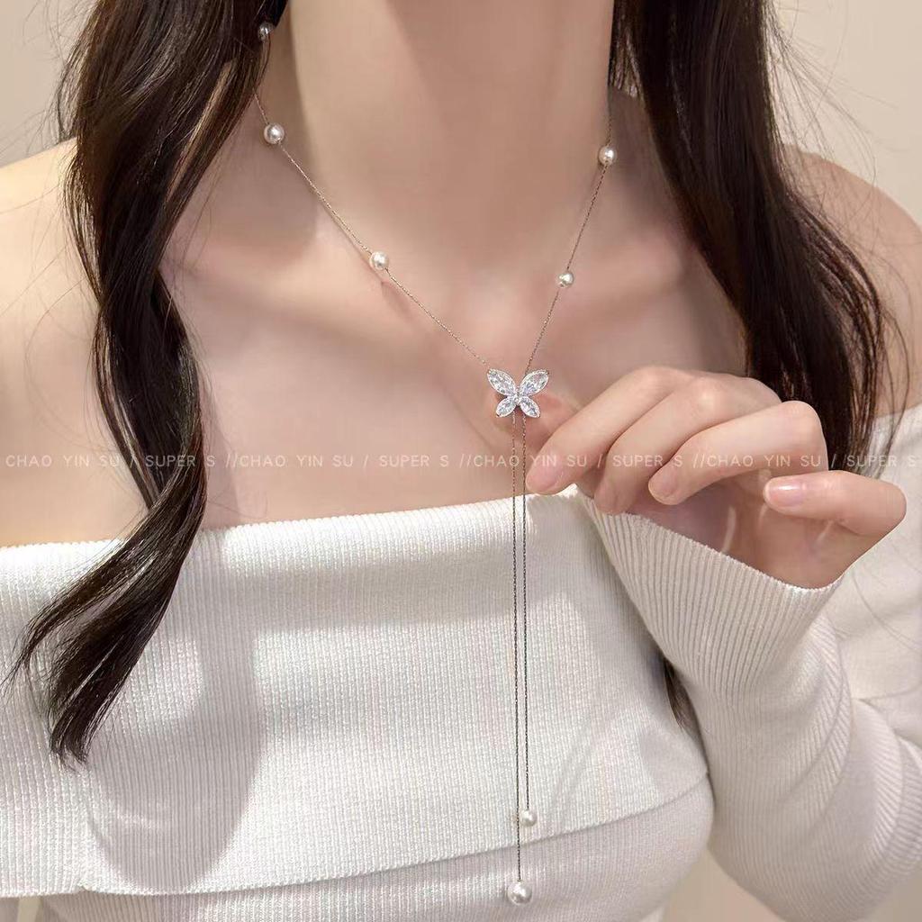 Elegant Rhinestone Pearl Butterfly Tassel Necklace - Luxury Chic Clavicle Chain for Women