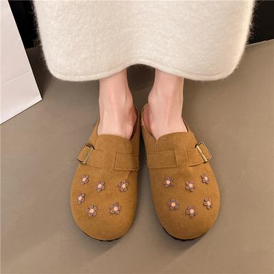 Fashion Spring Baotou Slippers Women's Fashion Round Head Suede Deep Mouth Metal Buckle Soft Sole Anti-slip Wear-resistant Flat Shoes