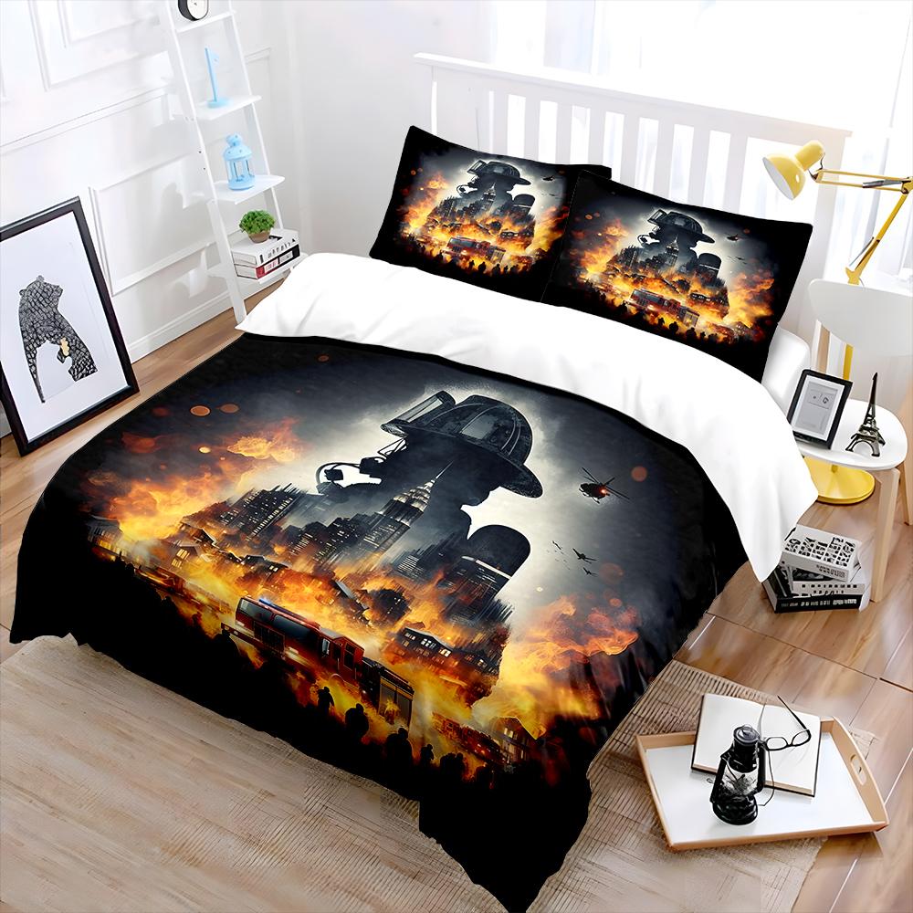 City In Flames With Firefighter Hero Print Soft Comfortable Duvet Cover Bedding Set Included 1*Duvet Cover  2*Pillowcases