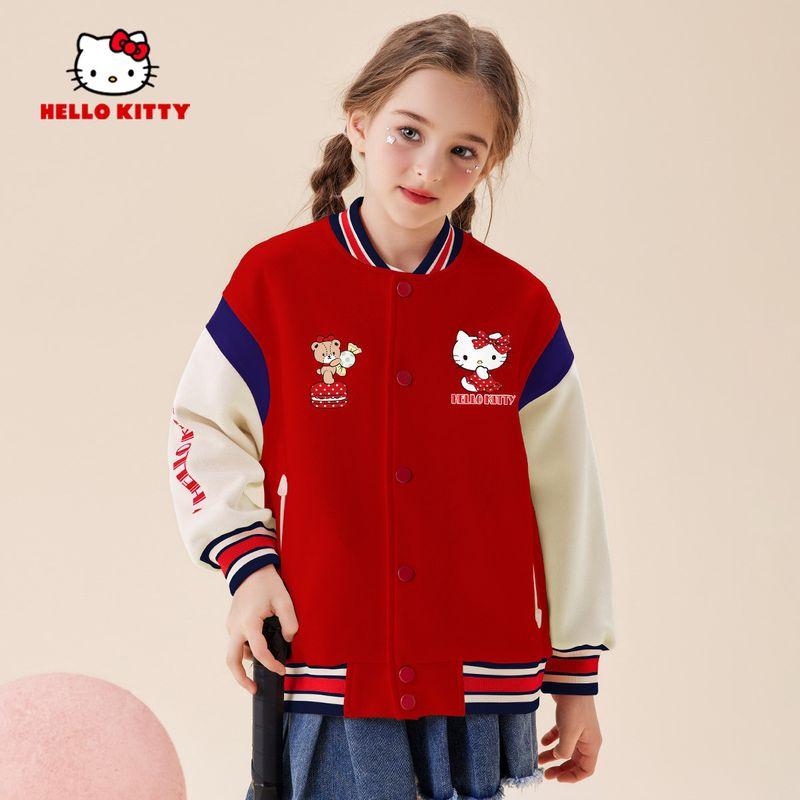 Hello Kitty Girls' Baseball Jacket Red Autumn Top Cardigan Sweatshirt Children's Autumn Clothing Big Kids Trendy