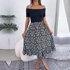 Summer Women Off Shoulder Floral Ruffled Medium Long Dress Spring