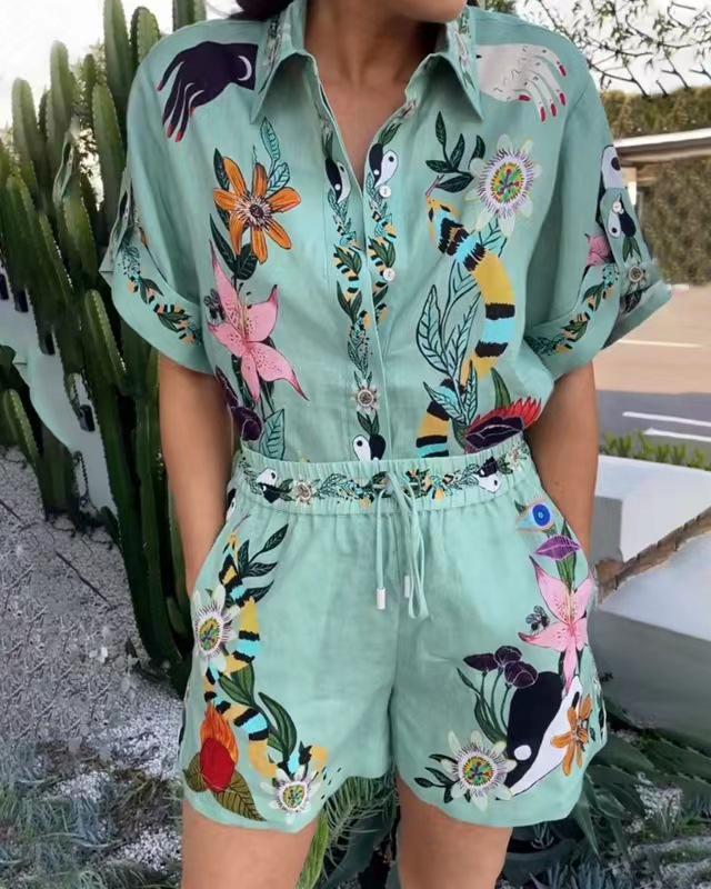 2023 New Casual European & American Two-Piece Set: Cotton & Linen Print Shirt + Shorts