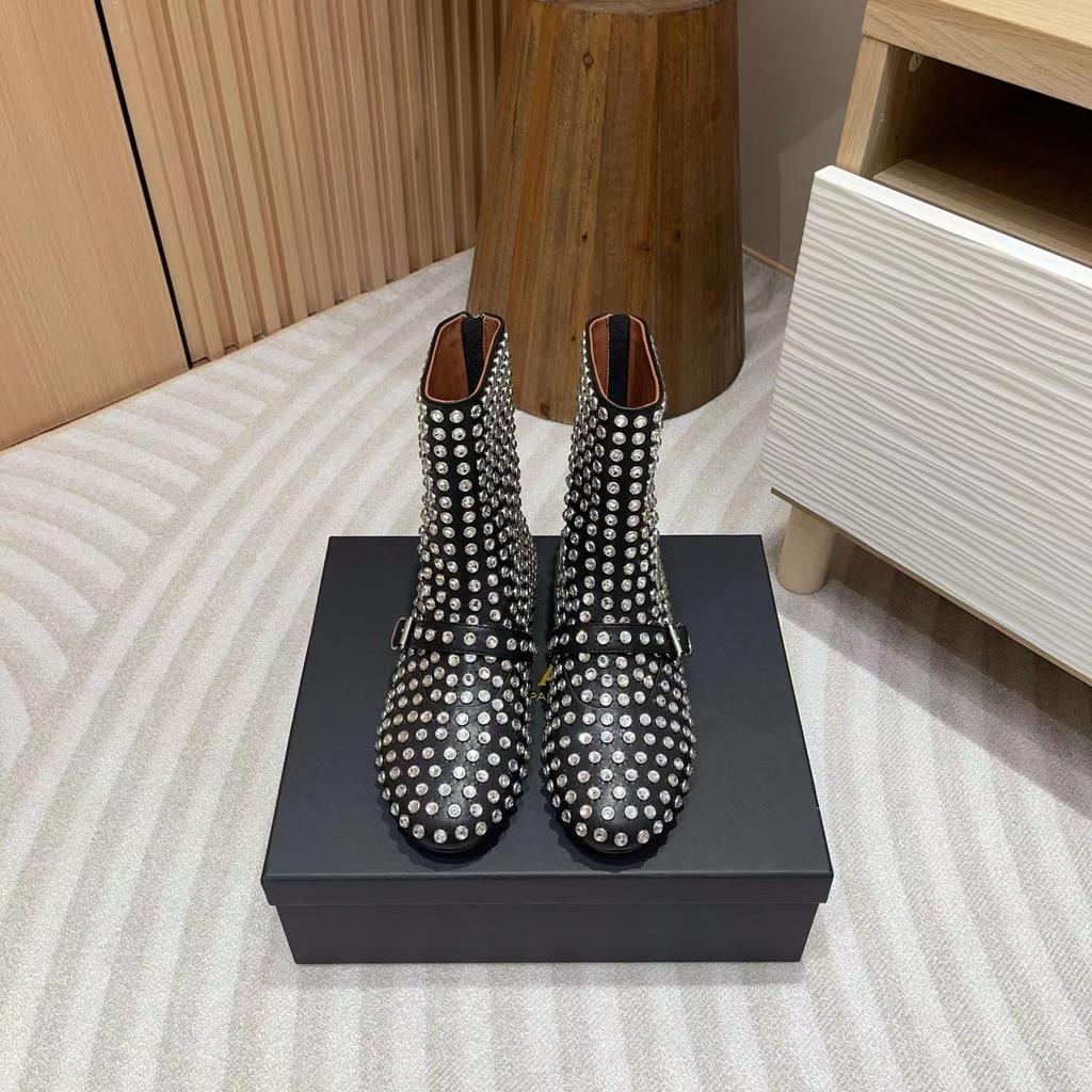 Women's Black Leather Diamond studded Romantic and Fashionable Ballet Style Flat Boots Short Boots
