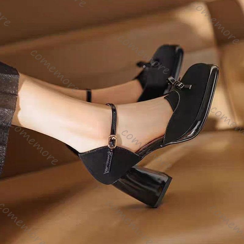 Fashion Comemore Women Shoes Square Toe Shallow Mouth Pumps for Women Retro Style High Heel Ladies Dress Fashion Suede Mary Jane Shoes
