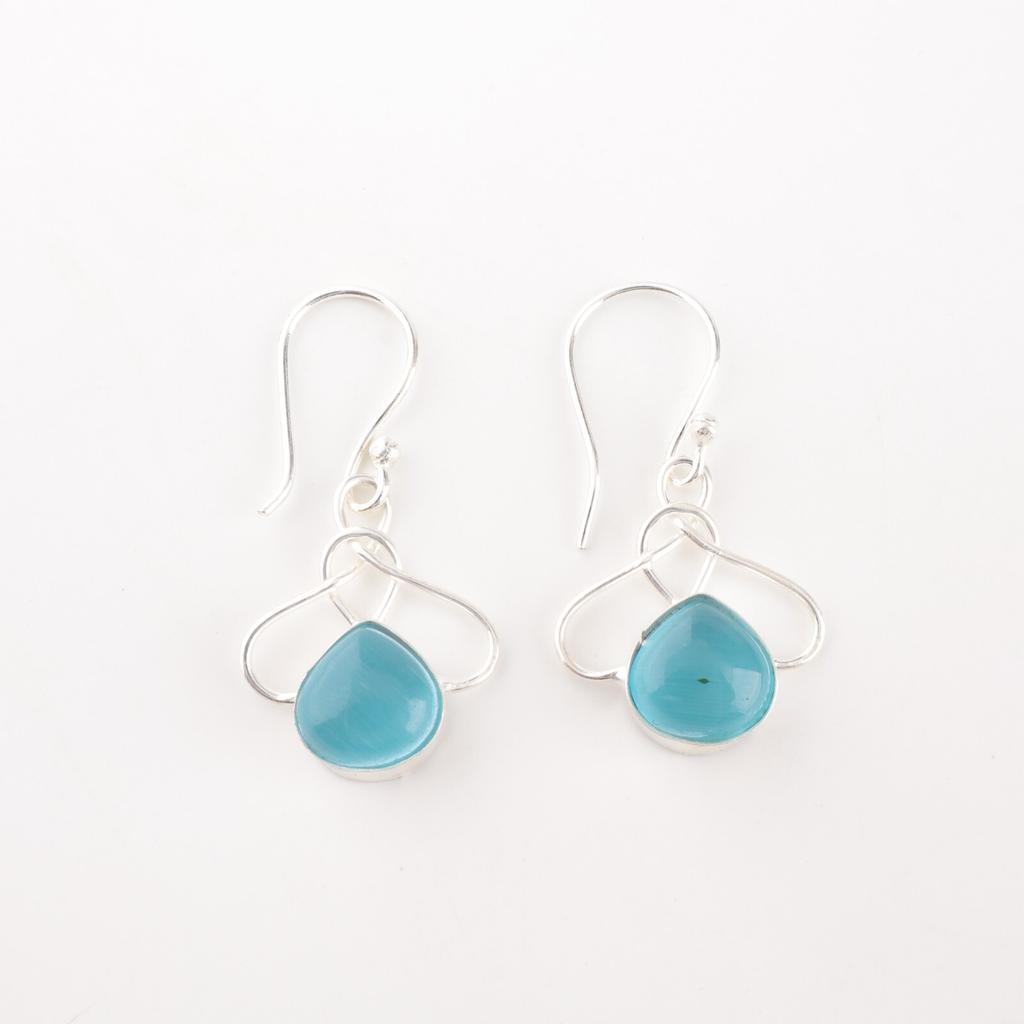 Blue Cat's Eye Gemstone 925 Stamped Silver Jewelry Handmade Hook Earrings 1.50" EE-2-43