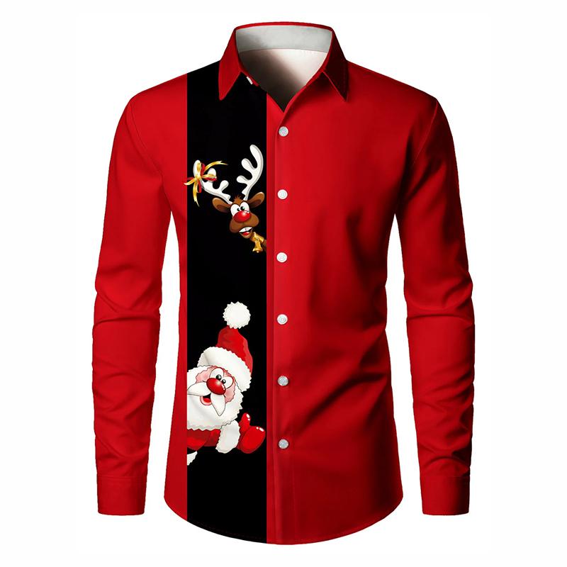 Funny Santa Claus Christmas Holiday Long Sleeve Shirt For Men Clothes Family Party Fun Casual Button Shirts Xmas Fashion