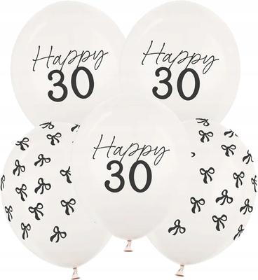 Balony Lateksowe Białe Czarne Kokardki Kokardy Happy 30 Urodziny Party 5Szt