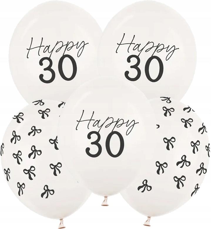 Balony Lateksowe Białe Czarne Kokardki Kokardy Happy 30 Urodziny Party 5Szt