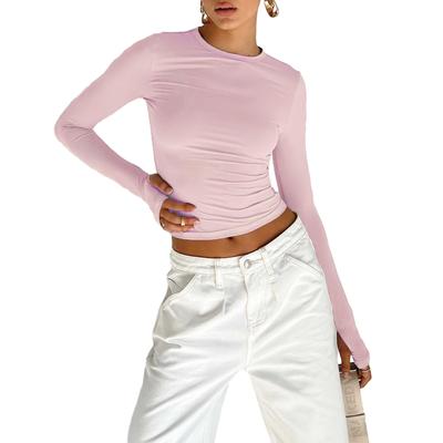 Women's Slim Fit Crop Tops Long Sleeve Crew Neck Solid Color T-Shirts Blouses with Thumb Holes