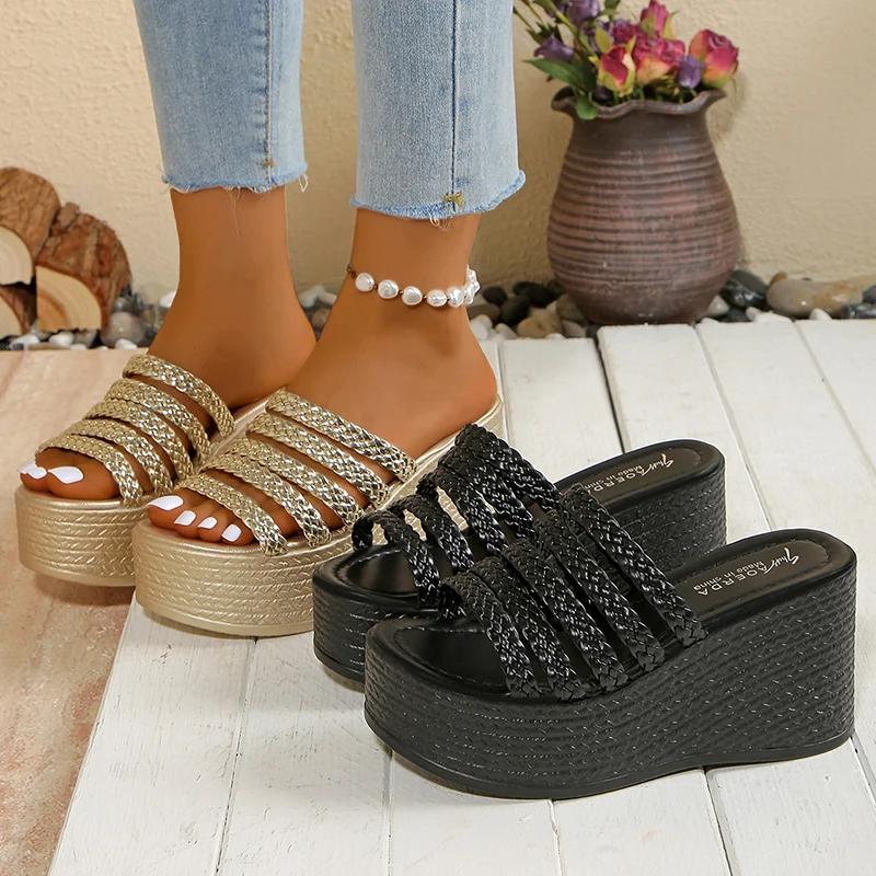 Fashion New Fashion Gold Wedge Sandals for Women Summer Braided Strap Chunky Platform Sandles Woman Thick Bottom Non Slip Beach Slippers