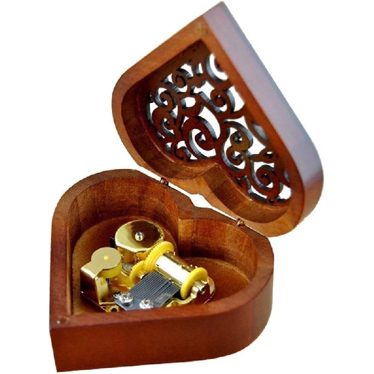 FnLy Antique Engraved Wooden Wind-Up Musical Box,Love Story Musical Box,with Gold-Plating Movement in,Heart-Shaped