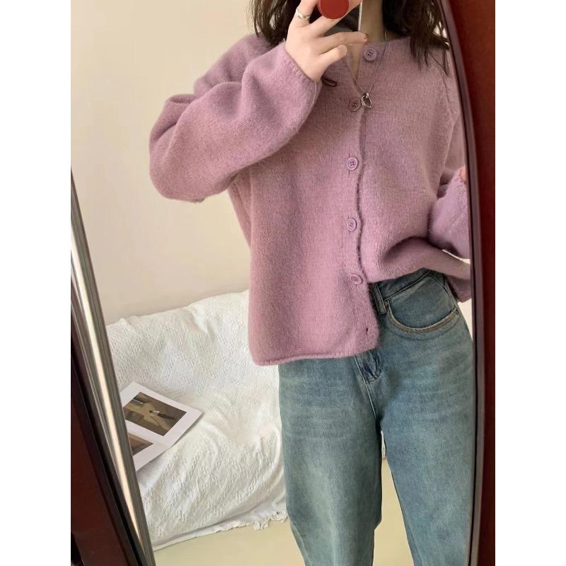 Small Fresh Solid Color Knitted Cardigan for Women's New Spring and Autumn with Loose Lazy Style Round Neck Shoulder Jacket for Women