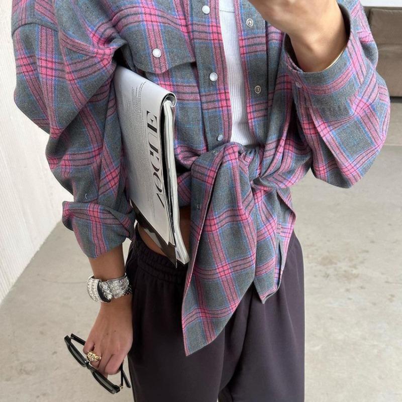 Camicie a Righe e a Quadri Morbide da Donna Stile Retrò Primavera/Autunno 2026 Collo a Revers a Quadri Manica Lunga Tasca Camicetta Casual Semplice Elegante Top Abbigliamento da Ufficio