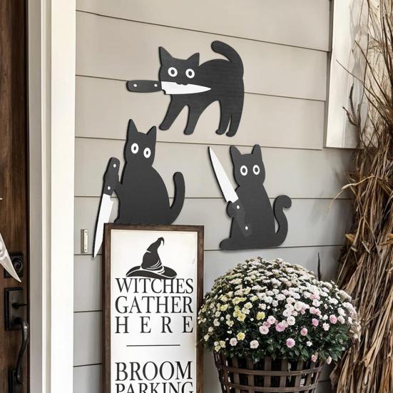 Black Cat Door Topper Halloween Door Frame Decoration Spooky Wooden Cat In Playful Poses