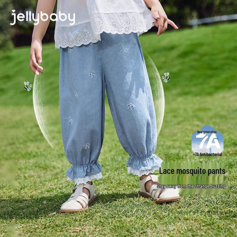 JELLYBABY Girls Soft Breathable Denim Anti-Mosquito Long Pants with Bow Print 120