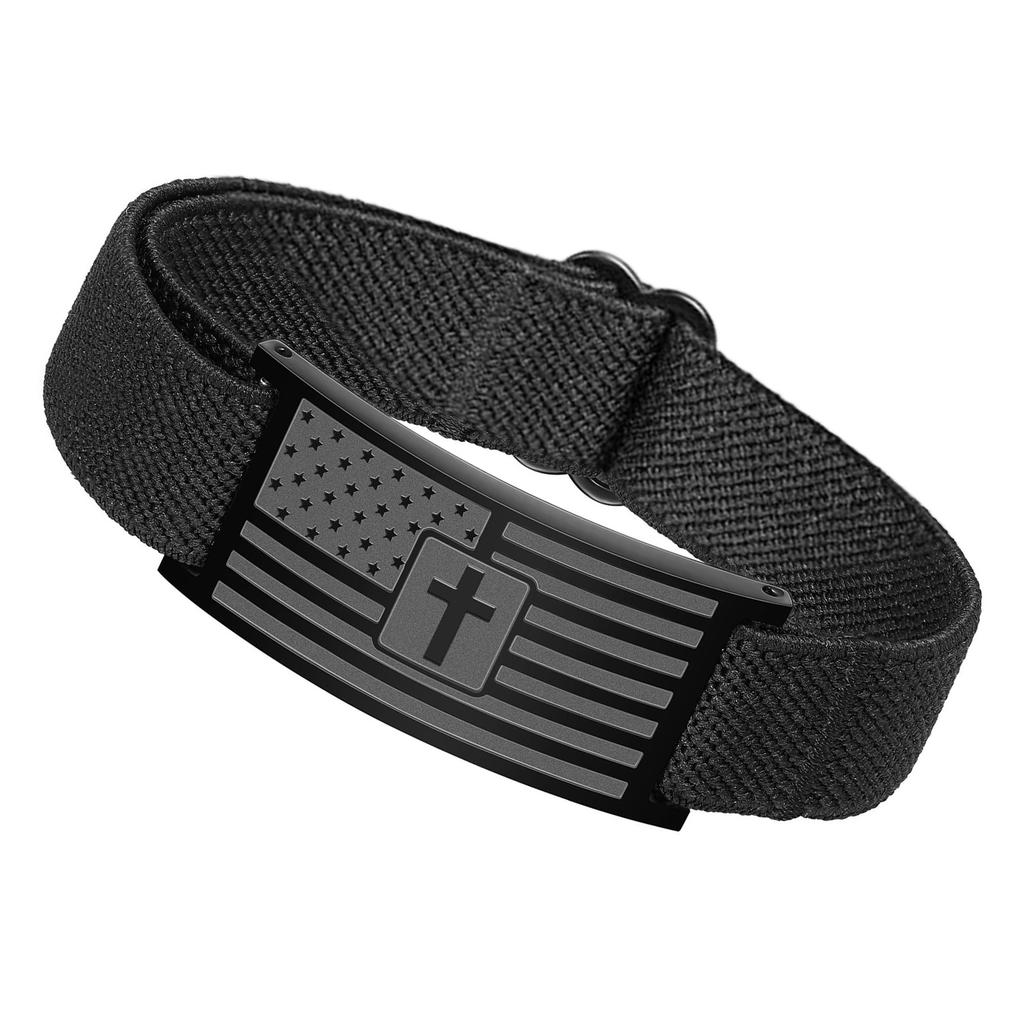 Adjustable Leather Crosses Bracelet For Men Patriotic American Flag Design Stainless Steel Christian Faith Gift