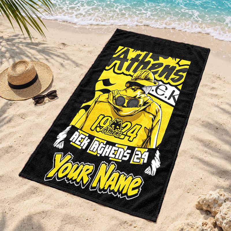 AEK Athens Custom Name Beach towels also serve as bath towels summer essential a musthave for the outdoors the beach and the pool
